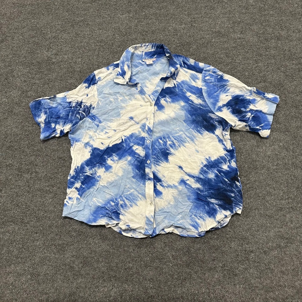 Allison Daley Shirt Womens Size 1X Blue Tie Dye Rayon Short Sleeve Button Up Top